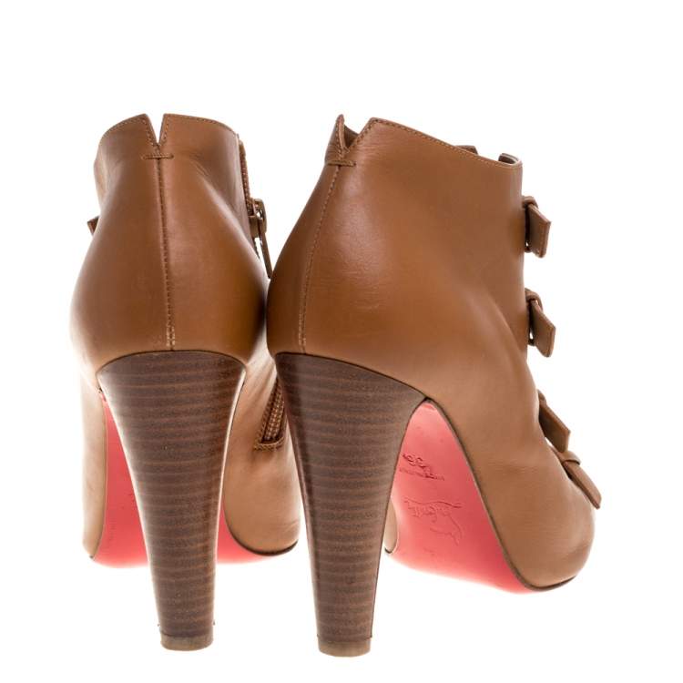 Pre Owned Christian Louboutin Brown Leather Gold Buckle Detail Open Toe Booties Size 36