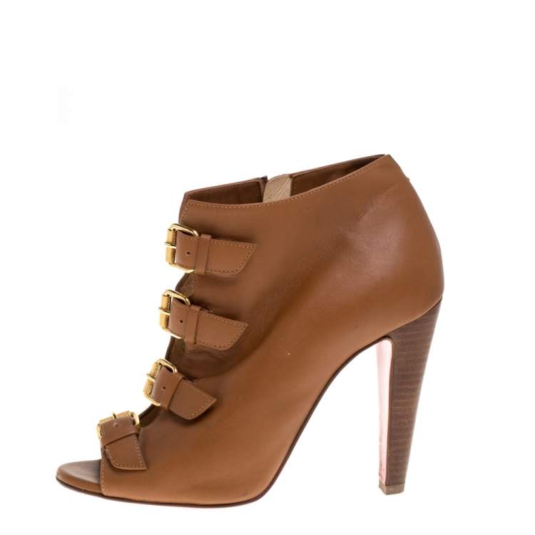 Pre Owned Christian Louboutin Brown Leather Gold Buckle Detail Open Toe Booties Size 36