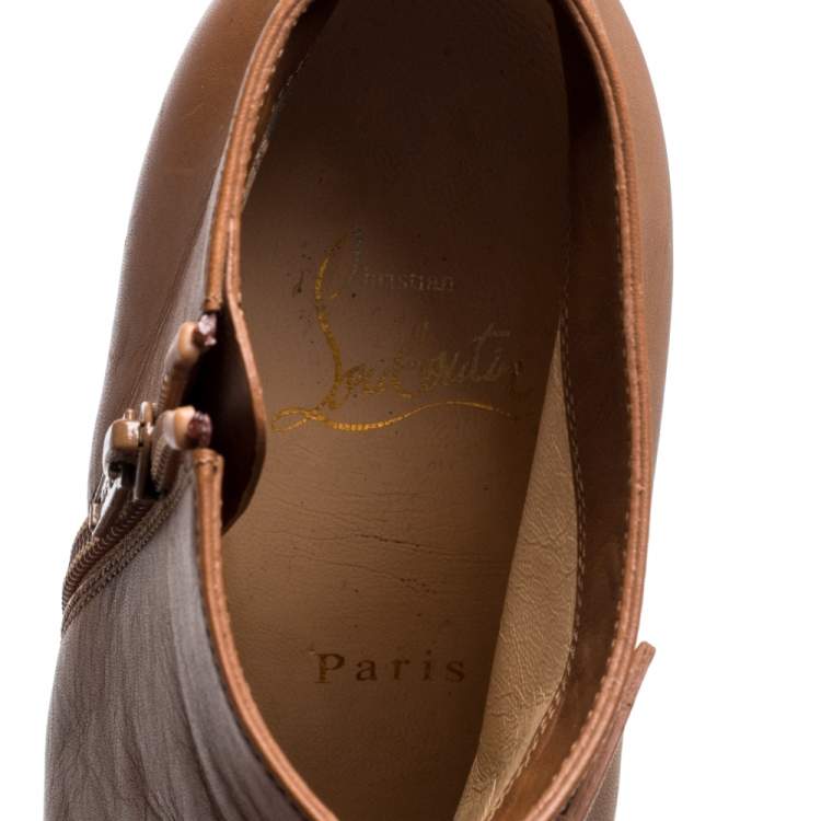 Pre Owned Christian Louboutin Brown Leather Gold Buckle Detail Open Toe Booties Size 36