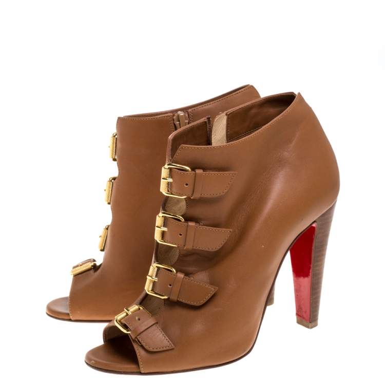 Pre Owned Christian Louboutin Brown Leather Gold Buckle Detail Open Toe Booties Size 36