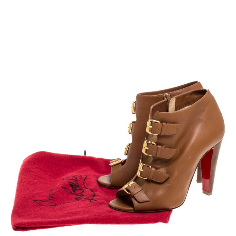 Pre Owned Christian Louboutin Brown Leather Gold Buckle Detail Open Toe Booties Size 36