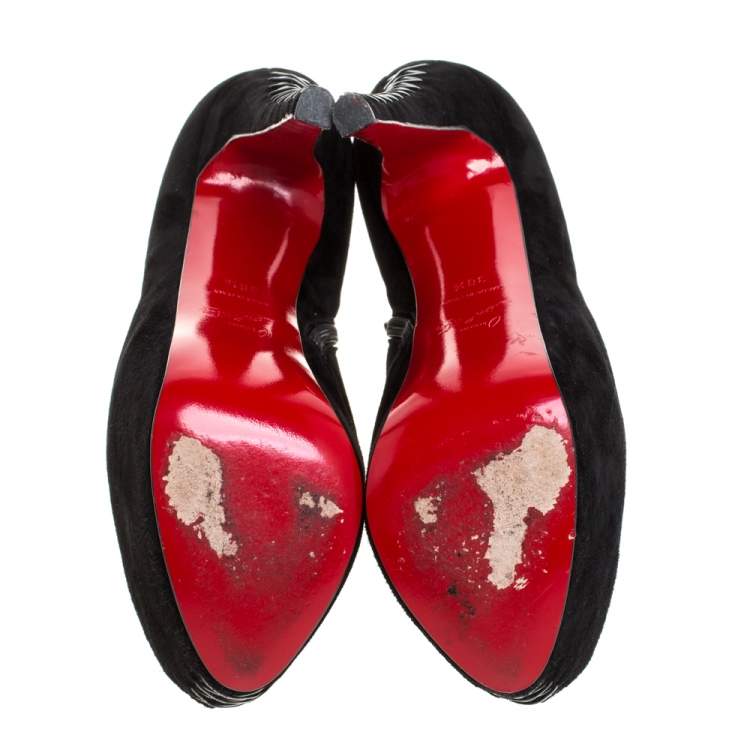Pre Owned Christian Louboutin Black Suede Recouzetta Peep Toe Platform Ankle Boots Size 38.5 