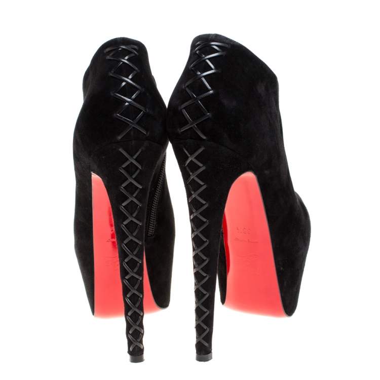 Pre Owned Christian Louboutin Black Suede Recouzetta Peep Toe Platform Ankle Boots Size 38.5 