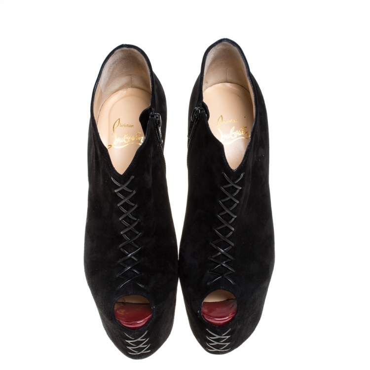 Pre Owned Christian Louboutin Black Suede Recouzetta Peep Toe Platform Ankle Boots Size 38.5 