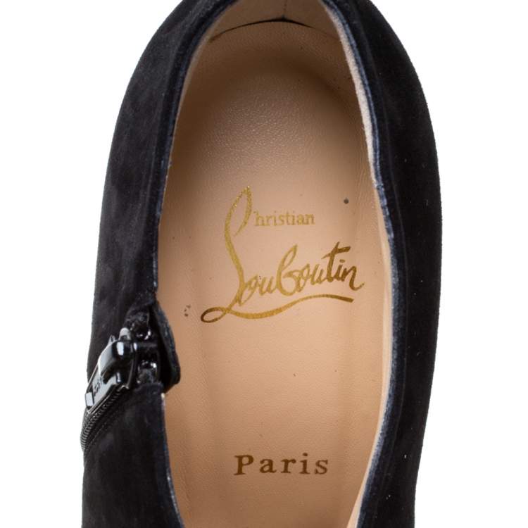 Pre Owned Christian Louboutin Black Suede Recouzetta Peep Toe Platform Ankle Boots Size 38.5 