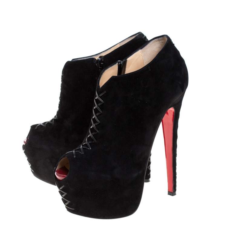 Pre Owned Christian Louboutin Black Suede Recouzetta Peep Toe Platform Ankle Boots Size 38.5 