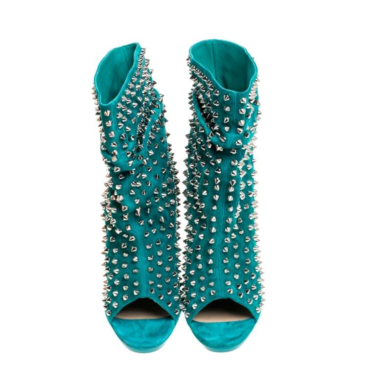 Pre Owned Christian Louboutin Green Suede Leather Guerilla Spiked Open Toe Ankle Boots Size 38.5