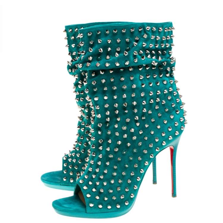Pre Owned Christian Louboutin Green Suede Leather Guerilla Spiked Open Toe Ankle Boots Size 38.5