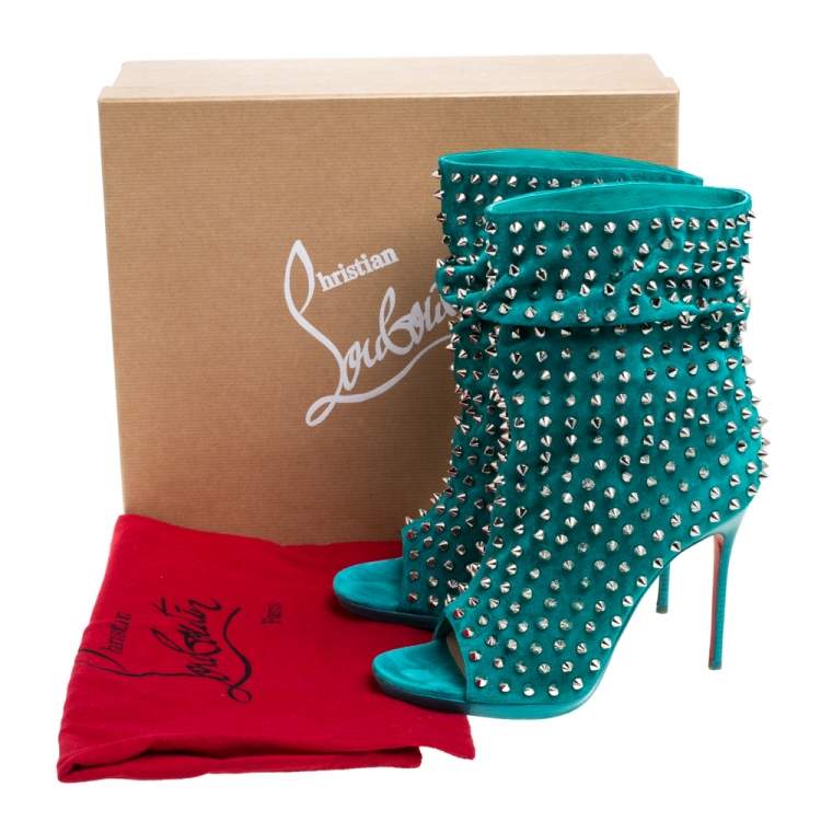 Pre Owned Christian Louboutin Green Suede Leather Guerilla Spiked Open Toe Ankle Boots Size 38.5