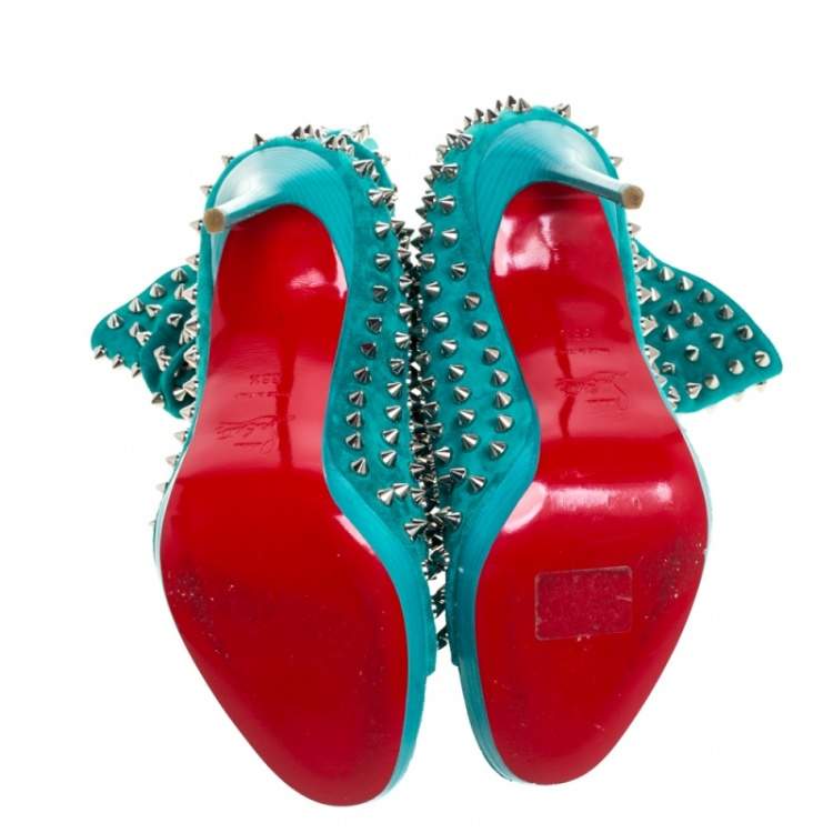 Pre Owned Christian Louboutin Green Suede Leather Guerilla Spiked Open Toe Ankle Boots Size 38.5