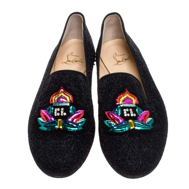 Pre Owned Christian Louboutin Black Shimmering Fabric Smoking Slippers Size 37