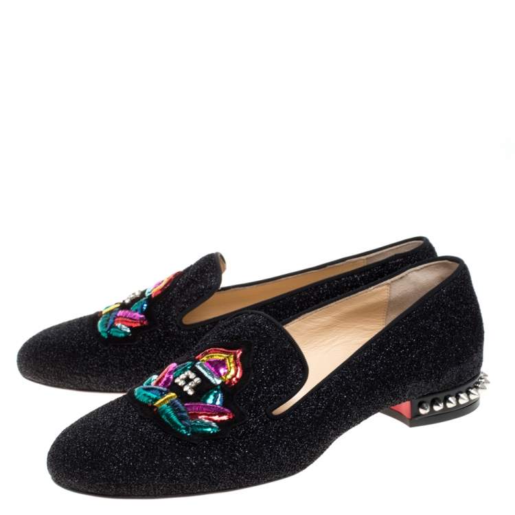 Pre Owned Christian Louboutin Black Shimmering Fabric Smoking Slippers Size 37