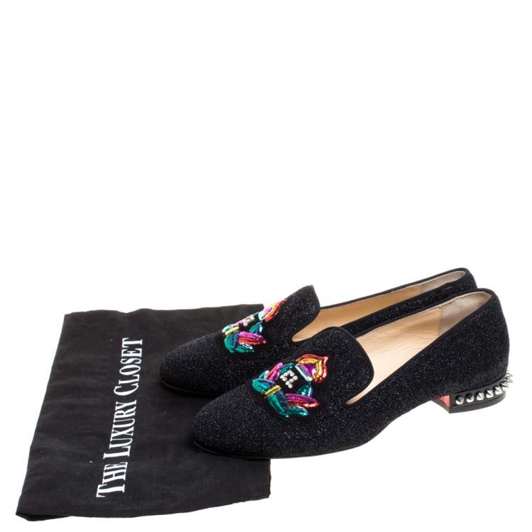 Pre Owned Christian Louboutin Black Shimmering Fabric Smoking Slippers Size 37