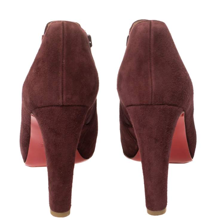 Pre Owned Christian Louboutin Maroon Suede Platform Booties Size 37.5