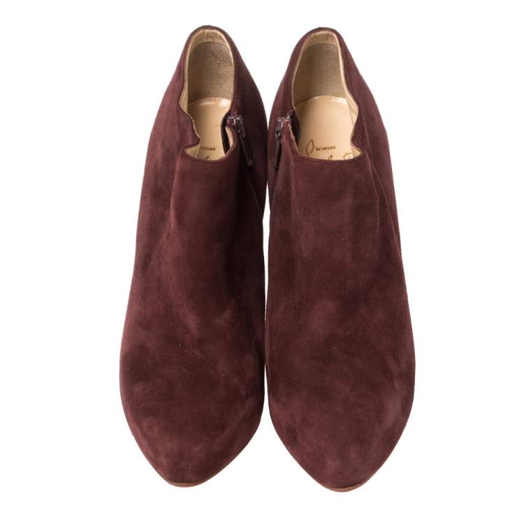 Pre Owned Christian Louboutin Maroon Suede Platform Booties Size 37.5