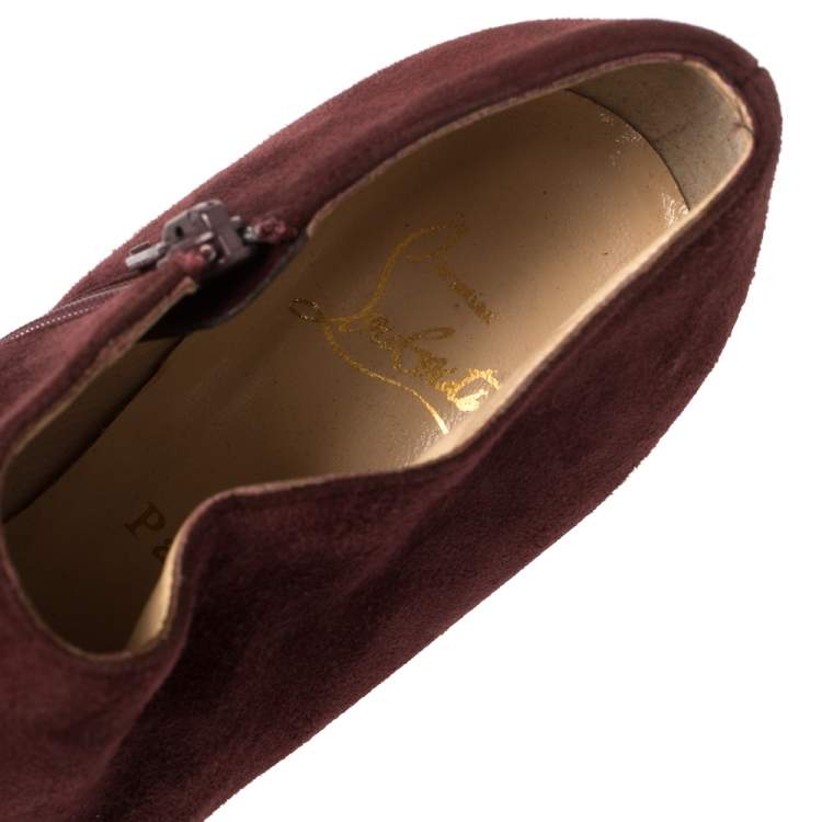 Pre Owned Christian Louboutin Maroon Suede Platform Booties Size 37.5