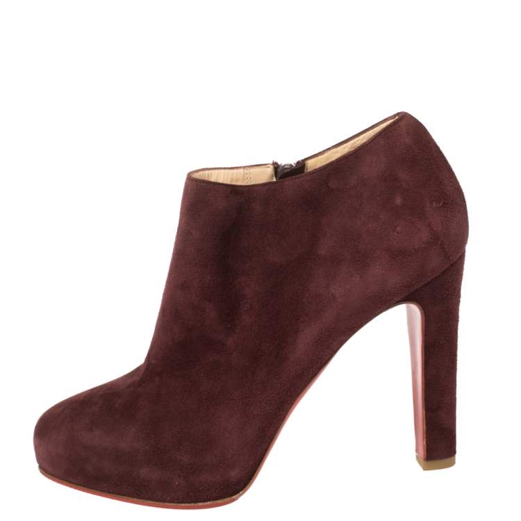 Pre Owned Christian Louboutin Maroon Suede Platform Booties Size 37.5