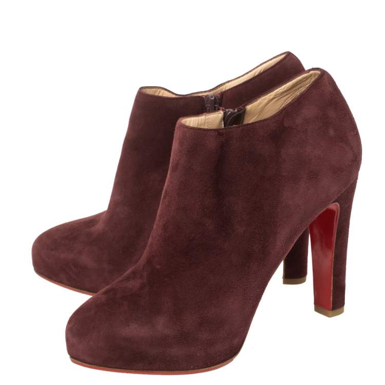 Pre Owned Christian Louboutin Maroon Suede Platform Booties Size 37.5