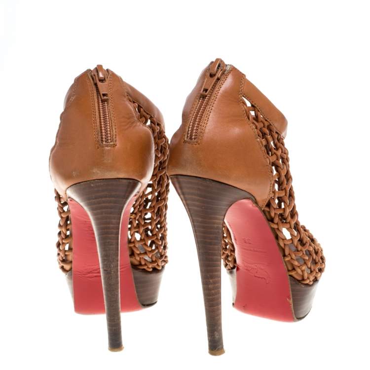 Pre Owned Christian Louboutin Brown Woven Leather 'Coussin 140mm' Platform Ankle Booties Size 36