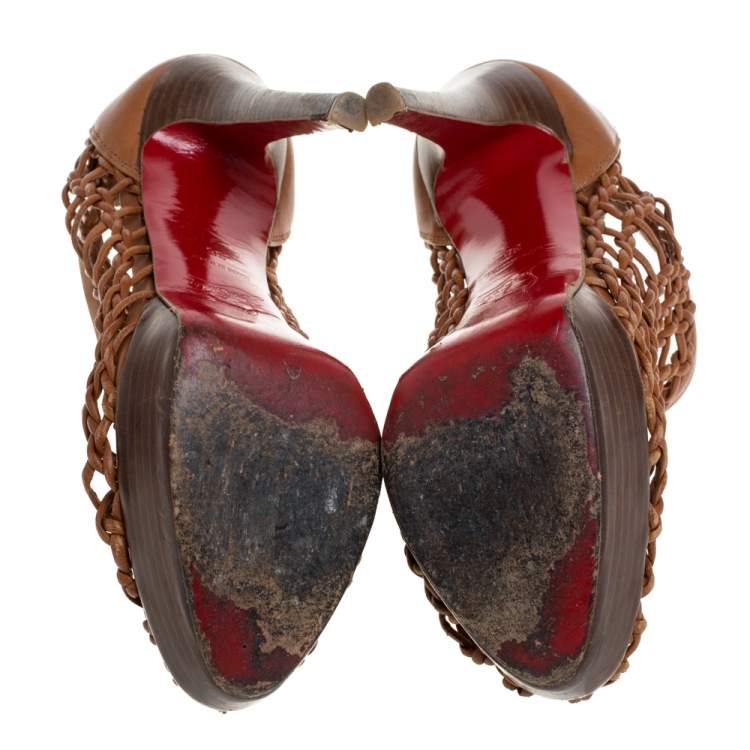 Pre Owned Christian Louboutin Brown Woven Leather 'Coussin 140mm' Platform Ankle Booties Size 36