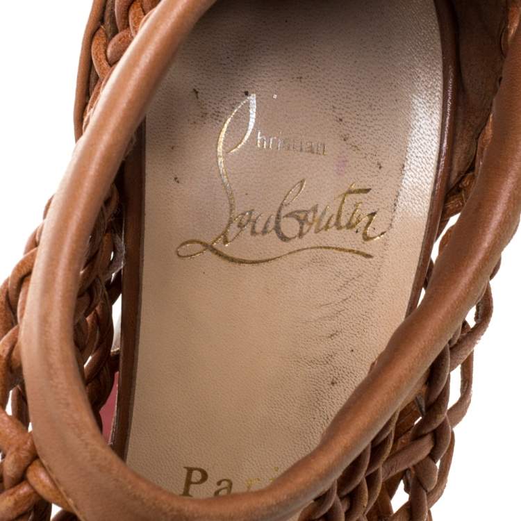 Pre Owned Christian Louboutin Brown Woven Leather 'Coussin 140mm' Platform Ankle Booties Size 36