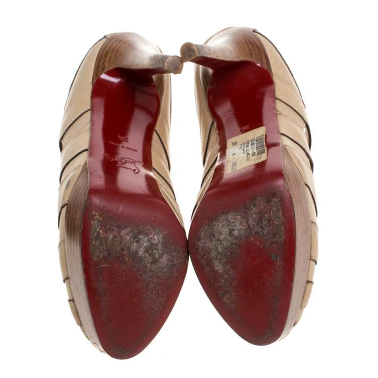 Pre Owned Christian Louboutin Light Beige Leather Strappy Platform Booties Size 36
