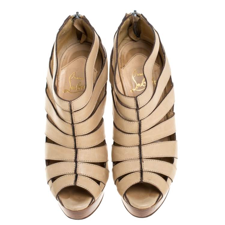 Pre Owned Christian Louboutin Light Beige Leather Strappy Platform Booties Size 36