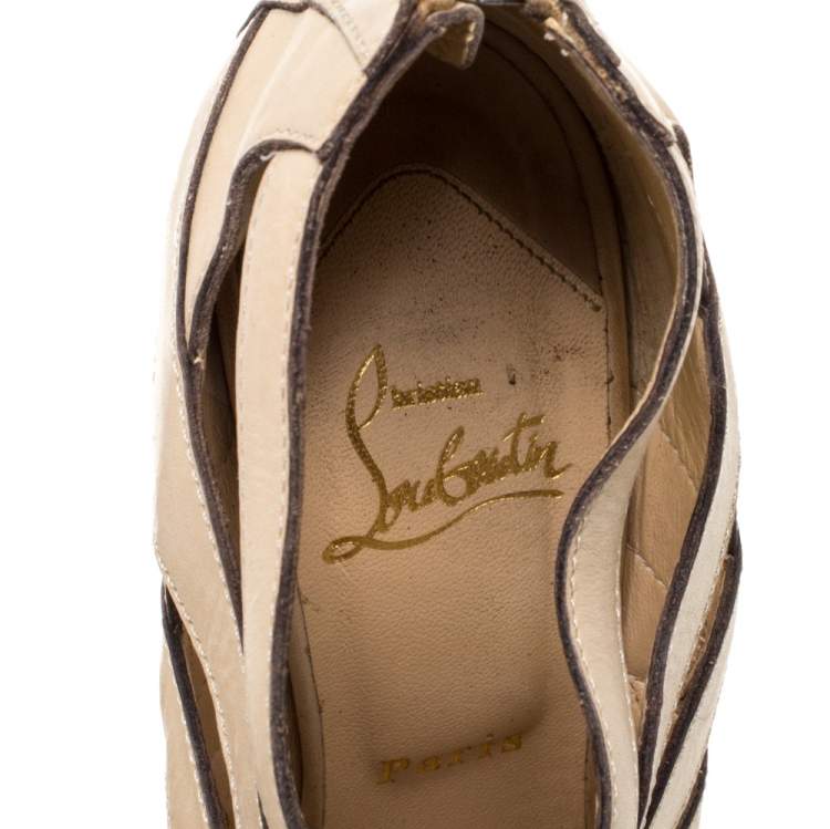 Pre Owned Christian Louboutin Light Beige Leather Strappy Platform Booties Size 36