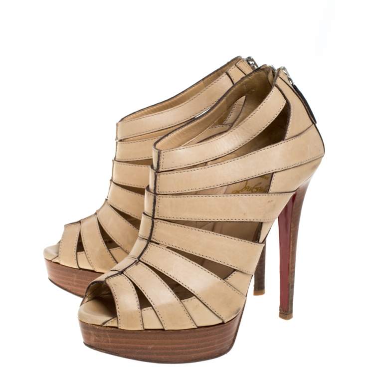 Pre Owned Christian Louboutin Light Beige Leather Strappy Platform Booties Size 36