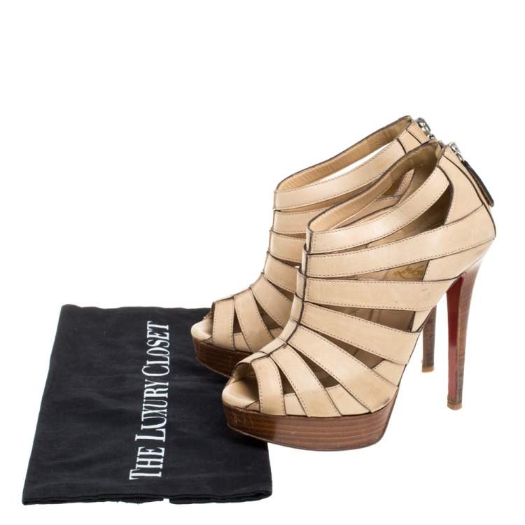 Pre Owned Christian Louboutin Light Beige Leather Strappy Platform Booties Size 36