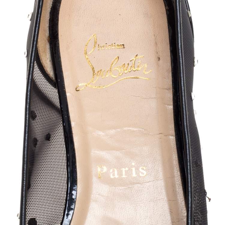 Pre Owned Christian Louboutin Black Embellished Mesh And Patent Leather Follies Strass Pointed Toe Ballet Flats Size 39