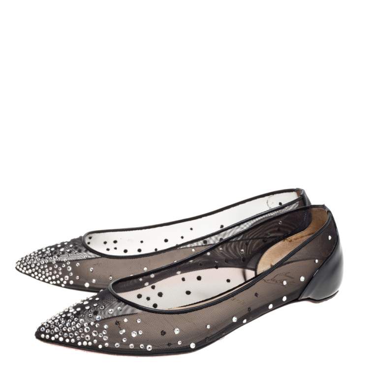 Pre Owned Christian Louboutin Black Embellished Mesh And Patent Leather Follies Strass Pointed Toe Ballet Flats Size 39