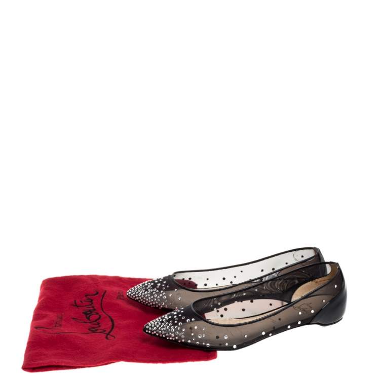 Pre Owned Christian Louboutin Black Embellished Mesh And Patent Leather Follies Strass Pointed Toe Ballet Flats Size 39