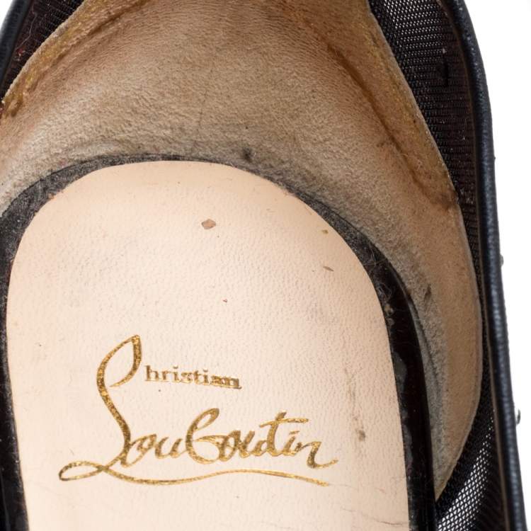 Pre Owned Christian Louboutin Black Embellished Mesh And Patent Leather Follies Strass Pointed Toe Ballet Flats Size 39