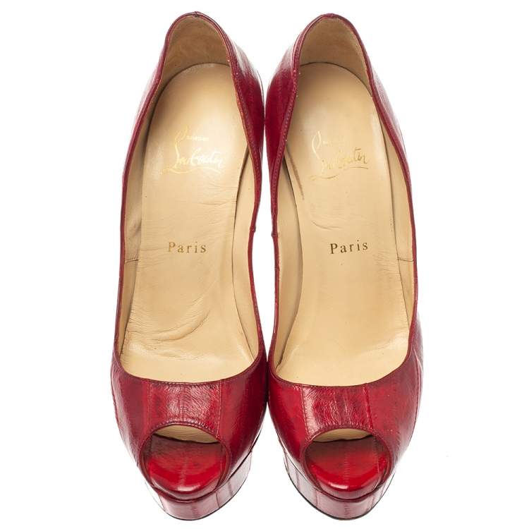 Pre Owned Christian Louboutin Red Eel Leather Lady Peep Toe Platform Pumps Size 39
