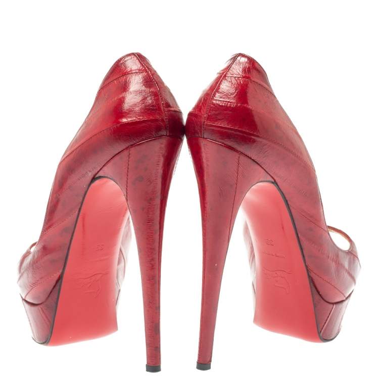 Pre Owned Christian Louboutin Red Eel Leather Lady Peep Toe Platform Pumps Size 39