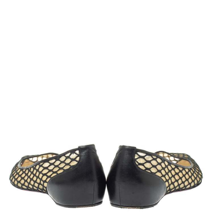 Pre Owned Christian Louboutin Black  Mesh And Leather Pigaresille Pointed-Toe Flats Size 37