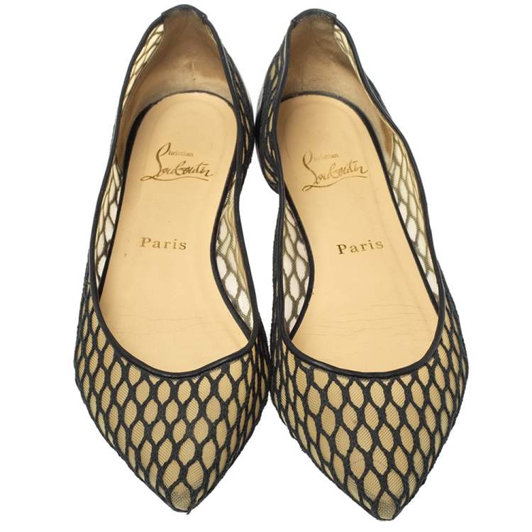 Pre Owned Christian Louboutin Black  Mesh And Leather Pigaresille Pointed-Toe Flats Size 37