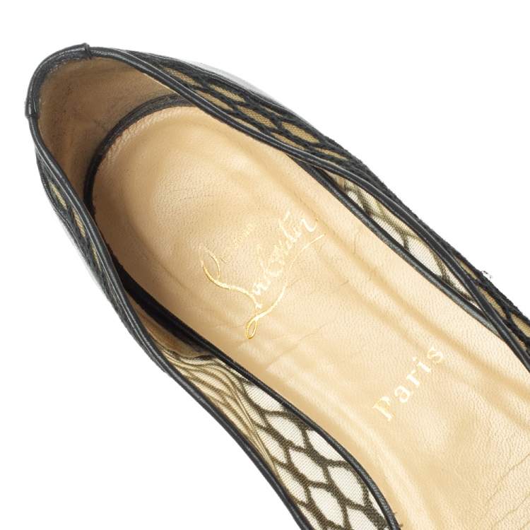 Pre Owned Christian Louboutin Black  Mesh And Leather Pigaresille Pointed-Toe Flats Size 37