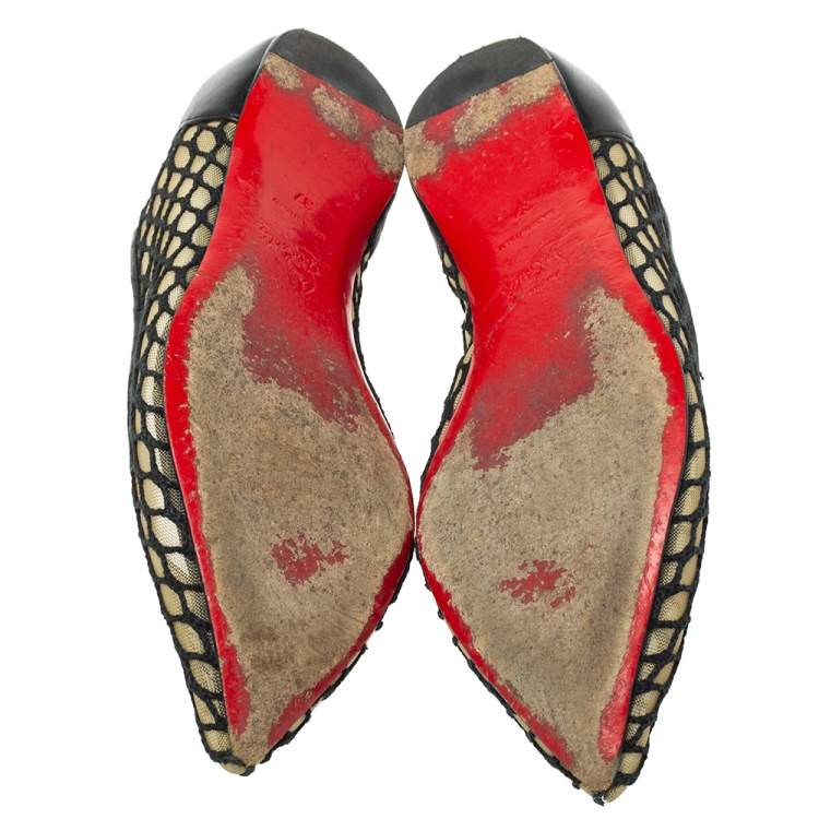 Pre Owned Christian Louboutin Black  Mesh And Leather Pigaresille Pointed-Toe Flats Size 37