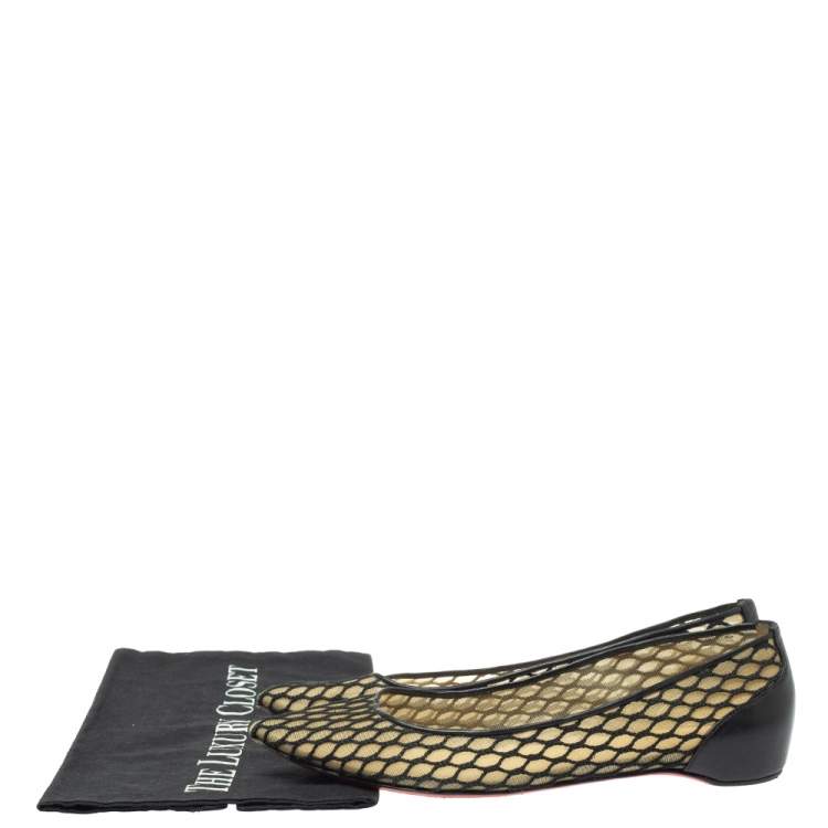Pre Owned Christian Louboutin Black  Mesh And Leather Pigaresille Pointed-Toe Flats Size 37