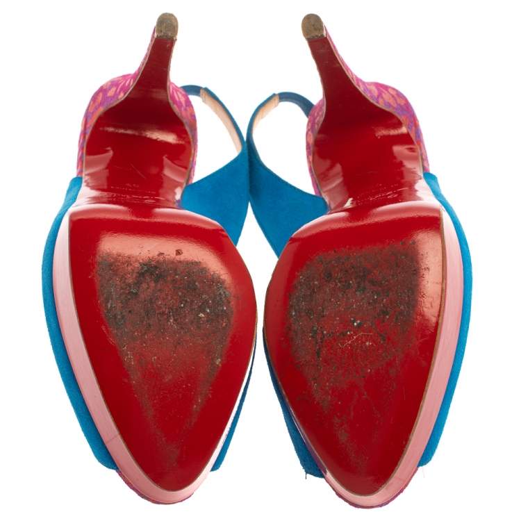 Pre Owned Christian Louboutin Blue/Red Suede And Fabric Lady Peep Sling Pumps Size 37