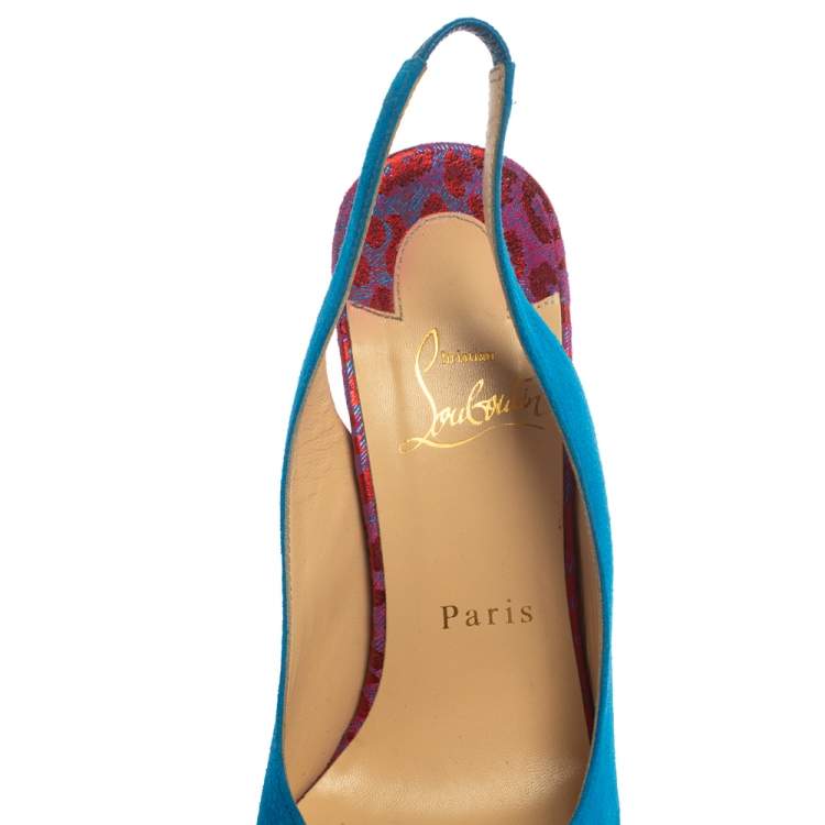 Pre Owned Christian Louboutin Blue/Red Suede And Fabric Lady Peep Sling Pumps Size 37