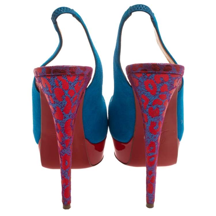 Pre Owned Christian Louboutin Blue/Red Suede And Fabric Lady Peep Sling Pumps Size 37
