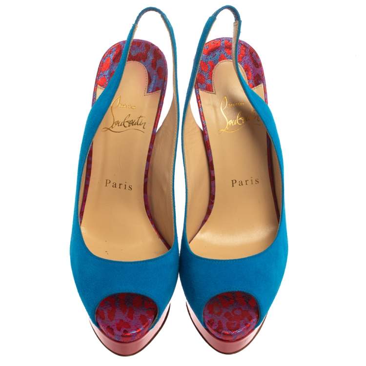 Pre Owned Christian Louboutin Blue/Red Suede And Fabric Lady Peep Sling Pumps Size 37