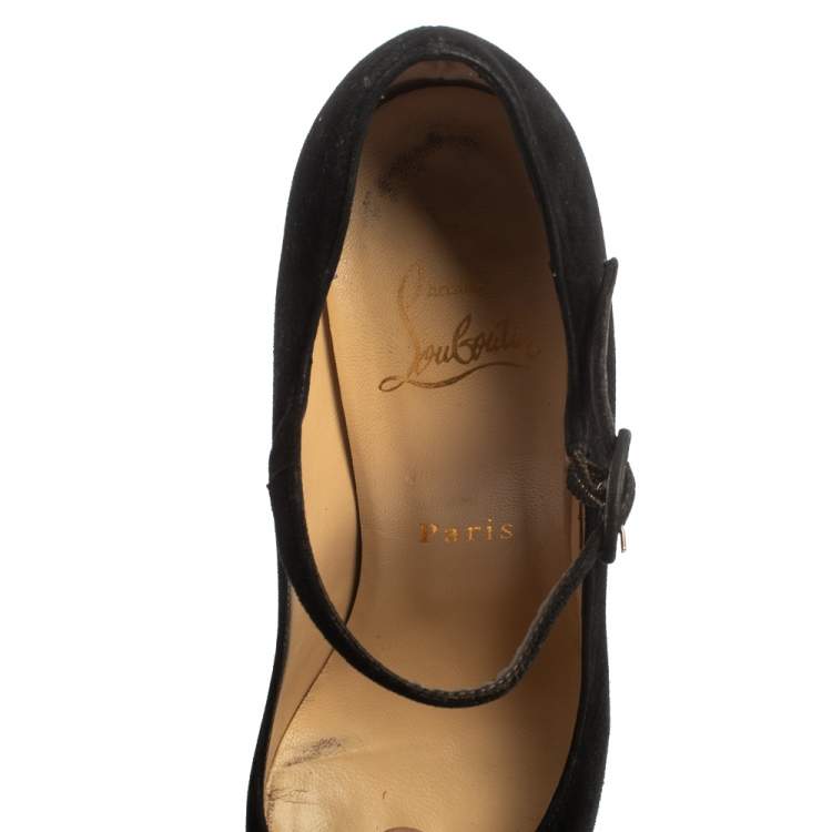 Pre Owned Christian Louboutin Black Suede Daffodil Mary Jane Pumps Size 36.5