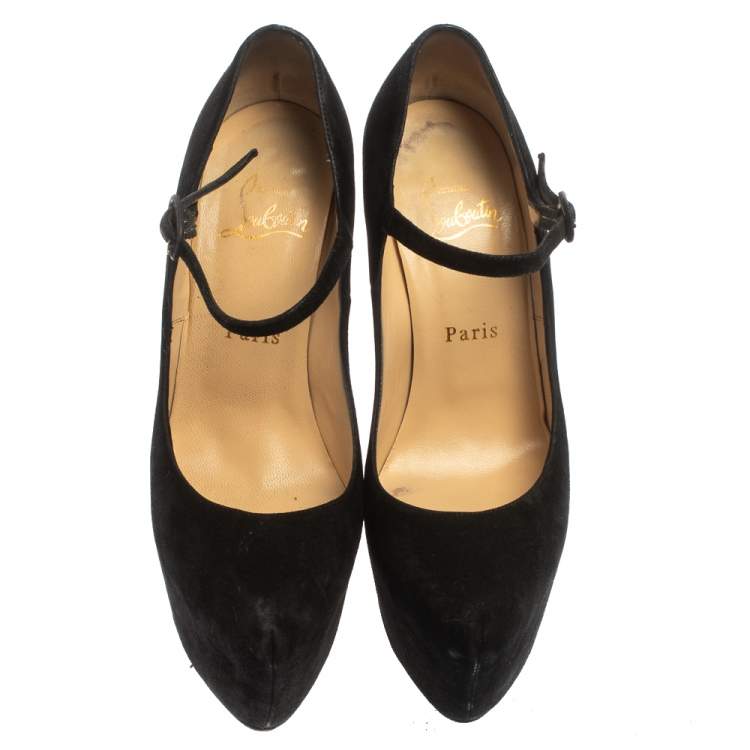 Pre Owned Christian Louboutin Black Suede Daffodil Mary Jane Pumps Size 36.5