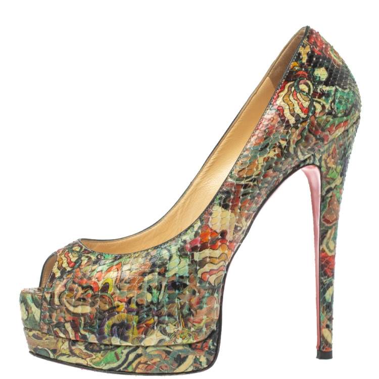Pre Owned Christian Louboutin Multicolor Snakeskin Palais Royal Peep Toe Pumps Size 37.5