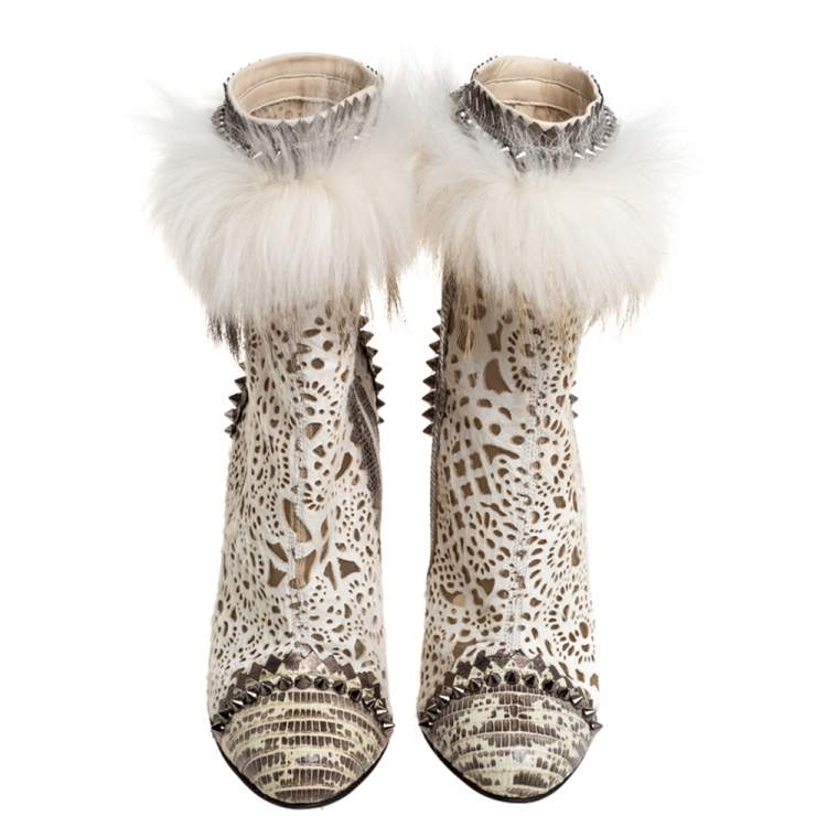 Pre Owned Christian Louboutin Calf Hair And Lizard Skin Tootsie Ankle Boots Size 37
