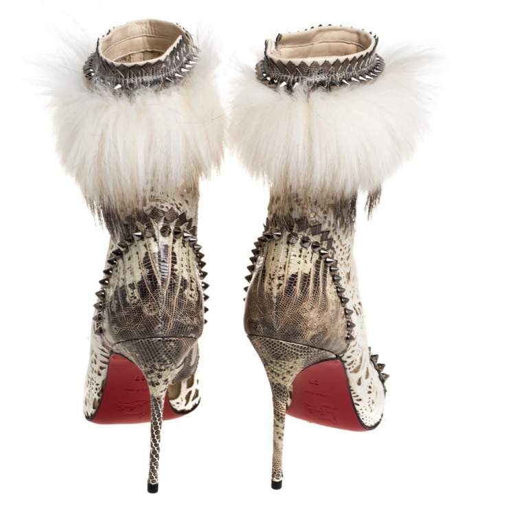 Pre Owned Christian Louboutin Calf Hair And Lizard Skin Tootsie Ankle Boots Size 37